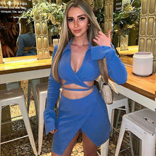 Load image into Gallery viewer, New Fashion Hollow Cardigan Long Sleeve Lapel Top Slim Short Skirt Suit Bright Color Two-piece
