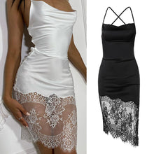 Load image into Gallery viewer, Sexy Stitching Lace Dress Autumn Lace-up Backless Off Shoulder Elegant Hip Skirt Lowcut Short Dress
