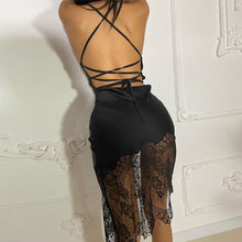 Load image into Gallery viewer, Sexy Stitching Lace Dress Autumn Lace-up Backless Off Shoulder Elegant Hip Skirt Lowcut Short Dress
