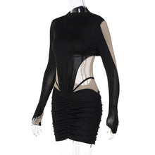 Load image into Gallery viewer, Summer Sexy Mesh Stitching Stand Collar Off-shoulder Waist Hollow Slim Fit Pleated Long-sleeved Hip Skirt Dress
