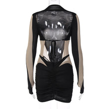 Load image into Gallery viewer, Summer Sexy Mesh Stitching Stand Collar Off-shoulder Waist Hollow Slim Fit Pleated Long-sleeved Hip Skirt Dress
