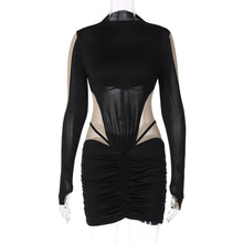 Load image into Gallery viewer, Summer Sexy Mesh Stitching Stand Collar Off-shoulder Waist Hollow Slim Fit Pleated Long-sleeved Hip Skirt Dress

