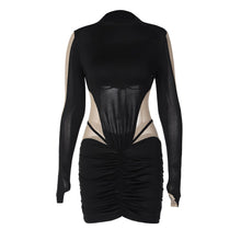 Load image into Gallery viewer, Summer Sexy Mesh Stitching Stand Collar Off-shoulder Waist Hollow Slim Fit Pleated Long-sleeved Hip Skirt Dress
