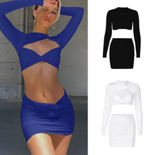 Load image into Gallery viewer, Sexy Hollow Long Sleeve Lowcut Top T-shirt + Slim Skirt Set Round Neck Women Autumn Dew Waist Suit
