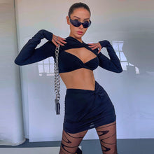 Load image into Gallery viewer, Sexy Hollow Long Sleeve Lowcut Top T-shirt + Slim Skirt Set Round Neck Women Autumn Dew Waist Suit
