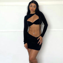 Load image into Gallery viewer, Sexy Hollow Long Sleeve Lowcut Top T-shirt + Slim Skirt Set Round Neck Women Autumn Dew Waist Suit
