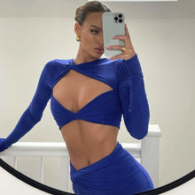 Load image into Gallery viewer, Sexy Hollow Long Sleeve Lowcut Top T-shirt + Slim Skirt Set Round Neck Women Autumn Dew Waist Suit
