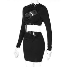 Load image into Gallery viewer, Sexy Hollow Long Sleeve Lowcut Top T-shirt + Slim Skirt Set Round Neck Women Autumn Dew Waist Suit
