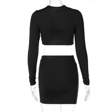 Load image into Gallery viewer, Sexy Hollow Long Sleeve Lowcut Top T-shirt + Slim Skirt Set Round Neck Women Autumn Dew Waist Suit
