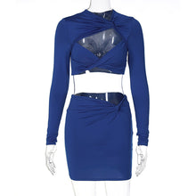 Load image into Gallery viewer, Sexy Hollow Long Sleeve Lowcut Top T-shirt + Slim Skirt Set Round Neck Women Autumn Dew Waist Suit
