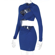 Load image into Gallery viewer, Sexy Hollow Long Sleeve Lowcut Top T-shirt + Slim Skirt Set Round Neck Women Autumn Dew Waist Suit
