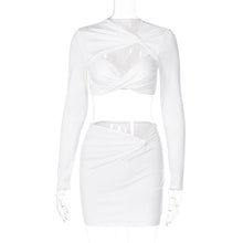 Load image into Gallery viewer, Sexy Hollow Long Sleeve Lowcut Top T-shirt + Slim Skirt Set Round Neck Women Autumn Dew Waist Suit

