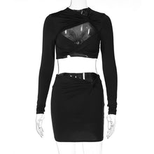 Load image into Gallery viewer, Sexy Hollow Long Sleeve Lowcut Top T-shirt + Slim Skirt Set Round Neck Women Autumn Dew Waist Suit
