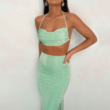 Load image into Gallery viewer, Lace-up Slim Fit Ruffle Tube Top + Ruched Skirt Set Women Sexy Open Back Floor-length Strap Dress
