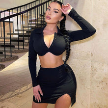 Load image into Gallery viewer, Polo Collar Cardigan Long Sleeve Short Top T-shirt Hollow Open Back Slim Fit Slit Wrap Hip Skirt Suit
