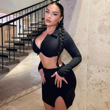 Load image into Gallery viewer, Polo Collar Cardigan Long Sleeve Short Top T-shirt Hollow Open Back Slim Fit Slit Wrap Hip Skirt Suit
