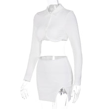 Load image into Gallery viewer, Polo Collar Cardigan Long Sleeve Short Top T-shirt Hollow Open Back Slim Fit Slit Wrap Hip Skirt Suit
