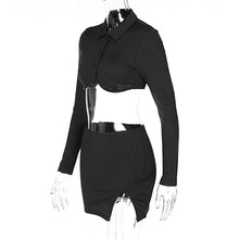 Load image into Gallery viewer, Polo Collar Cardigan Long Sleeve Short Top T-shirt Hollow Open Back Slim Fit Slit Wrap Hip Skirt Suit
