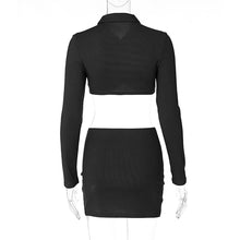 Load image into Gallery viewer, Polo Collar Cardigan Long Sleeve Short Top T-shirt Hollow Open Back Slim Fit Slit Wrap Hip Skirt Suit
