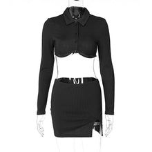 Load image into Gallery viewer, Polo Collar Cardigan Long Sleeve Short Top T-shirt Hollow Open Back Slim Fit Slit Wrap Hip Skirt Suit
