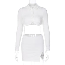 Load image into Gallery viewer, Polo Collar Cardigan Long Sleeve Short Top T-shirt Hollow Open Back Slim Fit Slit Wrap Hip Skirt Suit
