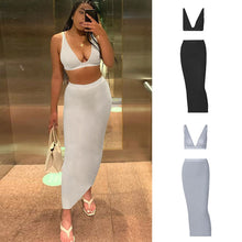 Load image into Gallery viewer, Sexy Women Two-piece V-neck Lowcut Backless Off Shoulder Vest Tube Top Slim Fit Wrap Hip Skirt Long Dress Suit
