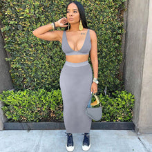 Load image into Gallery viewer, Sexy Women Two-piece V-neck Lowcut Backless Off Shoulder Vest Tube Top Slim Fit Wrap Hip Skirt Long Dress Suit
