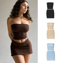 Load image into Gallery viewer, Fashion Casual Off Shoulder Strapless Tube Sleeveless Top Solid Color Women Low Waist Slim Hip Skirt Suit
