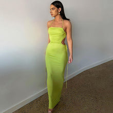 Load image into Gallery viewer, Sexy Lace-up Open-back Side Cutout Slim Fit Solid Color Off Shoulder Halterneck Smocked Floor-length Dress
