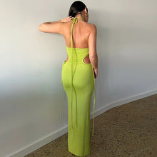 Load image into Gallery viewer, Sexy Lace-up Open-back Side Cutout Slim Fit Solid Color Off Shoulder Halterneck Smocked Floor-length Dress
