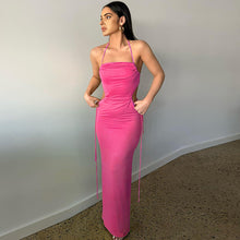 Load image into Gallery viewer, Sexy Lace-up Open-back Side Cutout Slim Fit Solid Color Off Shoulder Halterneck Smocked Floor-length Dress
