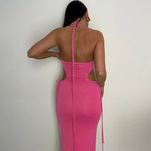 Load image into Gallery viewer, Sexy Lace-up Open-back Side Cutout Slim Fit Solid Color Off Shoulder Halterneck Smocked Floor-length Dress

