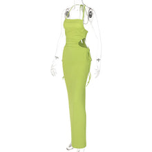 Load image into Gallery viewer, Sexy Lace-up Open-back Side Cutout Slim Fit Solid Color Off Shoulder Halterneck Smocked Floor-length Dress
