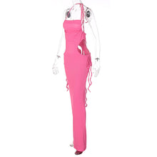 Load image into Gallery viewer, Sexy Lace-up Open-back Side Cutout Slim Fit Solid Color Off Shoulder Halterneck Smocked Floor-length Dress
