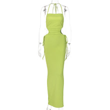 Load image into Gallery viewer, Sexy Lace-up Open-back Side Cutout Slim Fit Solid Color Off Shoulder Halterneck Smocked Floor-length Dress
