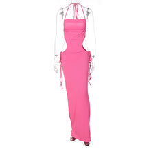 Load image into Gallery viewer, Sexy Lace-up Open-back Side Cutout Slim Fit Solid Color Off Shoulder Halterneck Smocked Floor-length Dress

