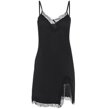Load image into Gallery viewer, Spring and Summer Women Sexy Lowcut off Shoulder Sling Loose Lace Ruched Slit Satin Slip Dress
