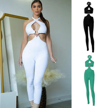Load image into Gallery viewer, Women's Fashion Solid Color Slim Fit Waist Hollow Trousers Halterneck Backless Crop Top Jumpsuit
