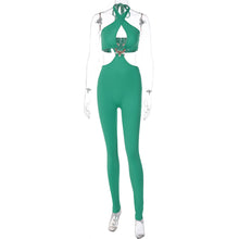 Load image into Gallery viewer, Women's Fashion Solid Color Slim Fit Waist Hollow Trousers Halterneck Backless Crop Top Jumpsuit
