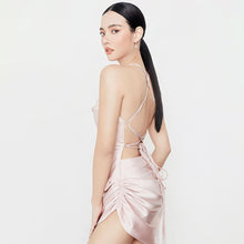 Load image into Gallery viewer, New Style Open Back Lace Up Hollow Lowcut Cross Straps Elegant Wrap Skirt Smocked Satin Sling Dress
