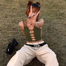 Load image into Gallery viewer, Sexy Summer Cutout Slim Fit Cropped Navel Sleeveless Tank Top Cross Straps Round Neck Off Shoulder T-shirt Vest
