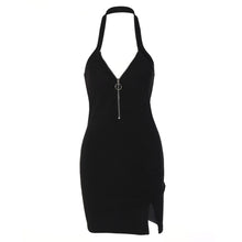 Load image into Gallery viewer, V-neck Halterneck Zipper Open Back Off Shoulder Women Fashion Sexy Slim Fit Slit Dress

