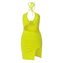 Load image into Gallery viewer, Fashionable Sexy V-neck Backless Lace-up Slit Dress Waist Hollow Halterneck Off Shoulder Short Dress
