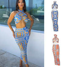 Load image into Gallery viewer, New Summer Printed Halterneck Strapless Tube Top Slim Fit Wrap Skirt Set Waist Hollow Long Dress
