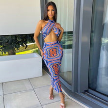 Load image into Gallery viewer, New Summer Printed Halterneck Strapless Tube Top Slim Fit Wrap Skirt Set Waist Hollow Long Dress
