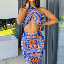 Load image into Gallery viewer, New Summer Printed Halterneck Strapless Tube Top Slim Fit Wrap Skirt Set Waist Hollow Long Dress
