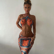 Load image into Gallery viewer, New Summer Printed Halterneck Strapless Tube Top Slim Fit Wrap Skirt Set Waist Hollow Long Dress
