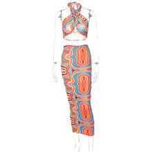 Load image into Gallery viewer, New Summer Printed Halterneck Strapless Tube Top Slim Fit Wrap Skirt Set Waist Hollow Long Dress
