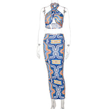 Load image into Gallery viewer, New Summer Printed Halterneck Strapless Tube Top Slim Fit Wrap Skirt Set Waist Hollow Long Dress
