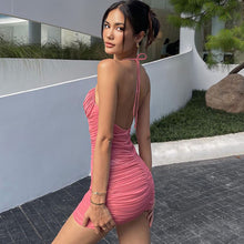 Load image into Gallery viewer, Pink Sexy V-neck Halterneck Open Back Lowcut Off Shoulder Ruched Tie-up Waist-in Wrap Hip Dress
